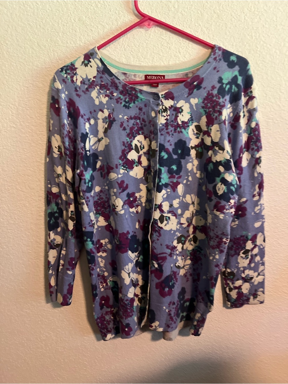 Merona Lavender Floral Cardigan with White and Teal Accents XL